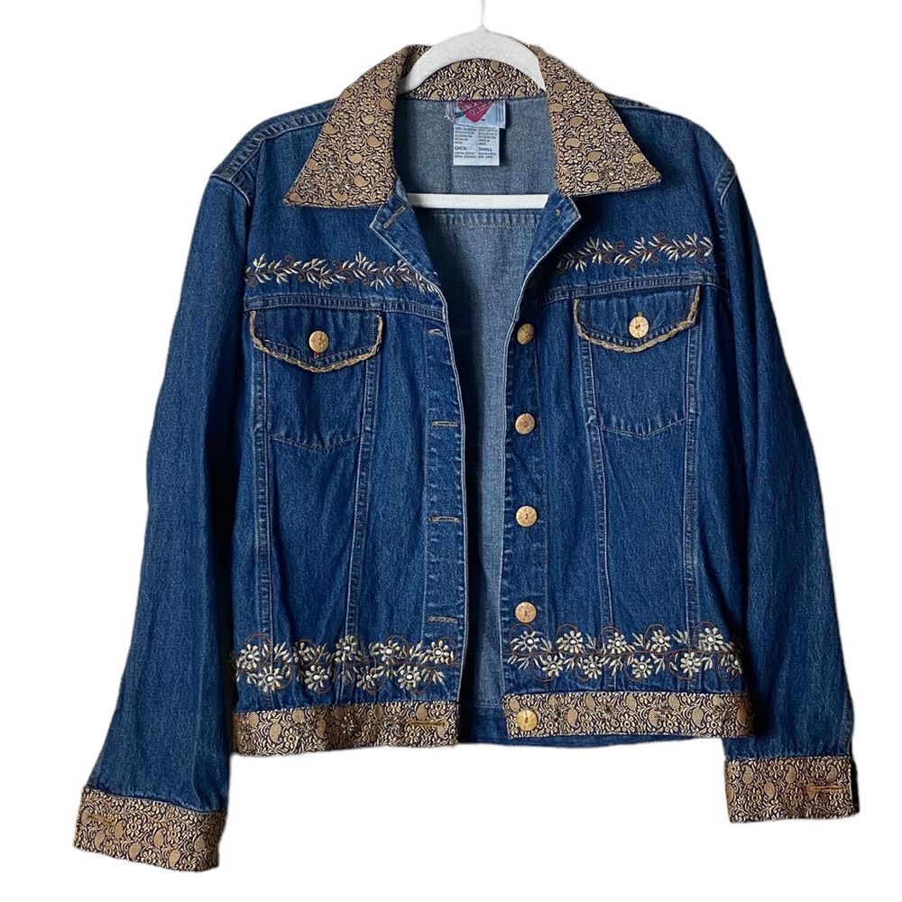 Karen Keaen Hart Wm’s Sz Sm Blue Embroidered Wood Detail Cotton Denim Jacket